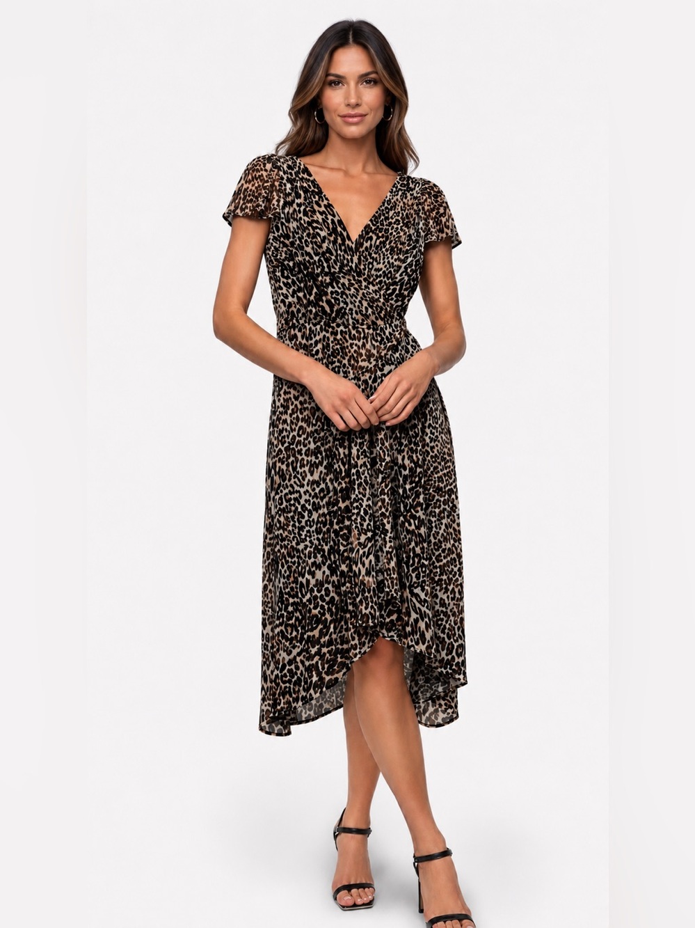 DKNY Leopard Print Wrap Midi Dress Flutter Sleeve High Low Size 16W